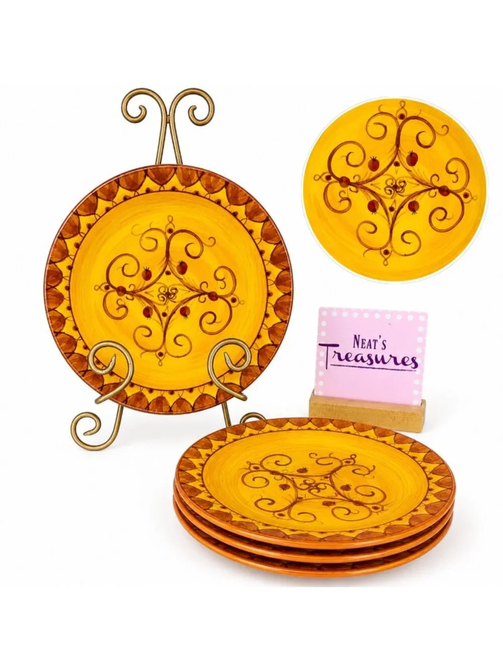 Pier 1 KARISTAN Scroll Yellow Orange Hand Painted Earthenware Salad Plate Set 4